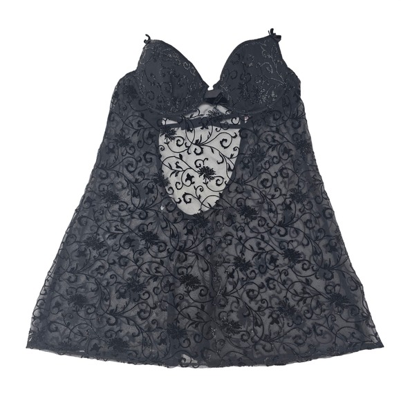 Victoria's Secret Other - Victoria's Secret Very Sexy Black Floral Glitter Mesh Babydoll Slip 36B NO STRAP